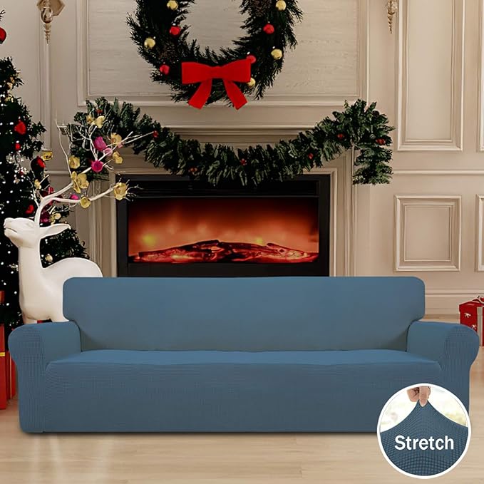 Easy-Going Stretch 4 Seater Sofa Slipcover 1-Piece Sofa Cover Furniture Protector Couch Soft with Elastic Bottom for Kids, Polyester Spandex Jacquard Fabric Small Checks Bluestone