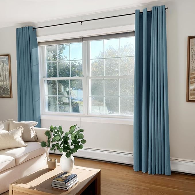 100% Blackout Shield Linen Blackout Curtains for Bedroom, Stone Blue Grommet Curtains for Living Room, Thermal Insulated Room Darkening Drapes for Nursery, Boho Home Decor, 50" W x 72" L, 2 Panels
