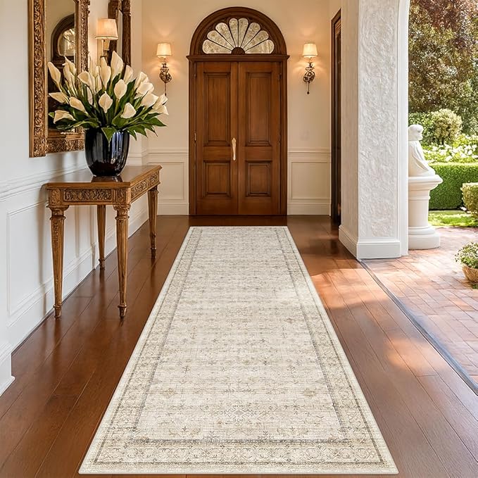 Beige 3x10 Washable Long Hallway Runner Rug Non Slip, Stain & Fade Resistant Farmhouse Kitchen Rug, Neutral Traditional Home Décor, Low Pile Non-Shedding Stain Resistant Oriental Carpet