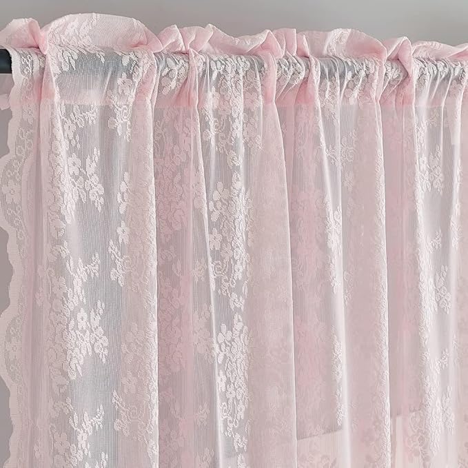 YJ YANJUN Vintage Lace Curtains 108 inches Long 2 Panels Cute Floral Pink Sheer Curtains for Sliding Door Backdrops Romantic Pricess Baby Girl Room Decor Light Filtering 52 x 108 Inch Light Pink
