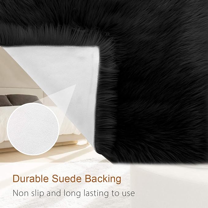 LOCHAS Soft Fluffy Faux Fur Rugs for Bedroom Bedside Rug 2x3 Feet, Washable, Furry Sheepskin Area Rug for Living Room Girls Room, Luxury Shag Carpet Home Decor, Black