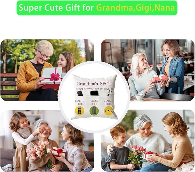 ONFAON Grandma Gifts, Grandma's Spot Throw Pillow Covers 18x18 Inch,Put Phone Glasses and Remote Control Pillowcase,Birthday Christmas Thanksgiving Day Gifts for Grandma Mom,3-Pocket