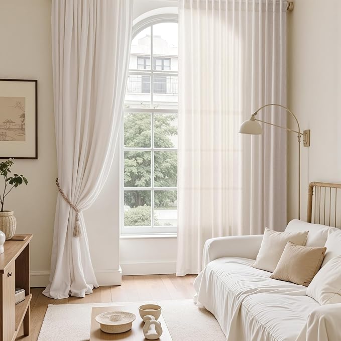 Ivory White Linen 112 Inch Curtains for Living Room Light Filtering Semi Sheer Curtain Back Tab Rustic Neutral Modern Farmhouse Decor Drapes Floor to Ceiling High Window for Bedroom 52x112, 2 Panels
