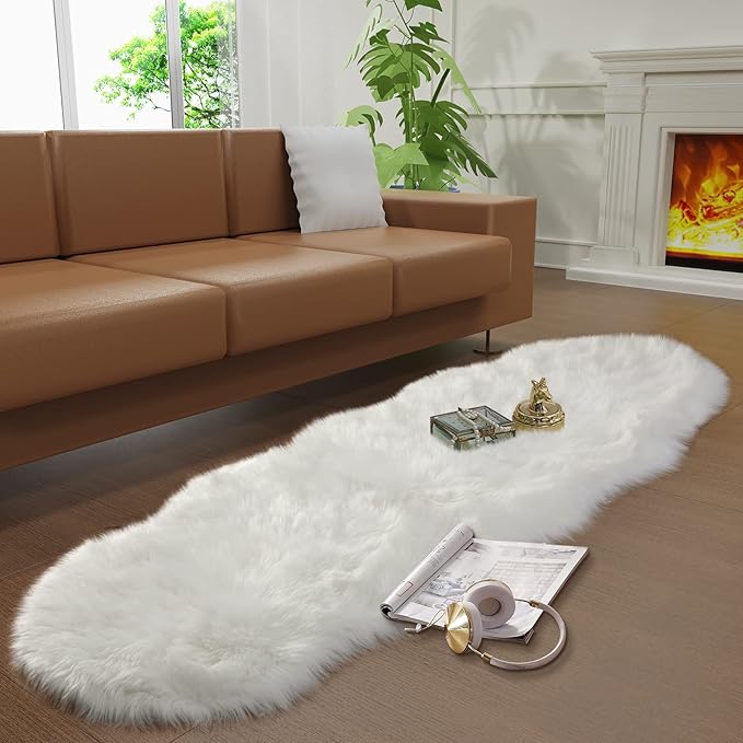 Faux Fur Rug for Bedroom, Fluffy Runner Rugs Soft Sheepskin Rug Sofa Couch Seat Cushion, 2x6ft White Plush Area Rug Shag Rugs Floor Carpets for Nursery Bedside, Cute Shaggy Fuzzy Home Decor