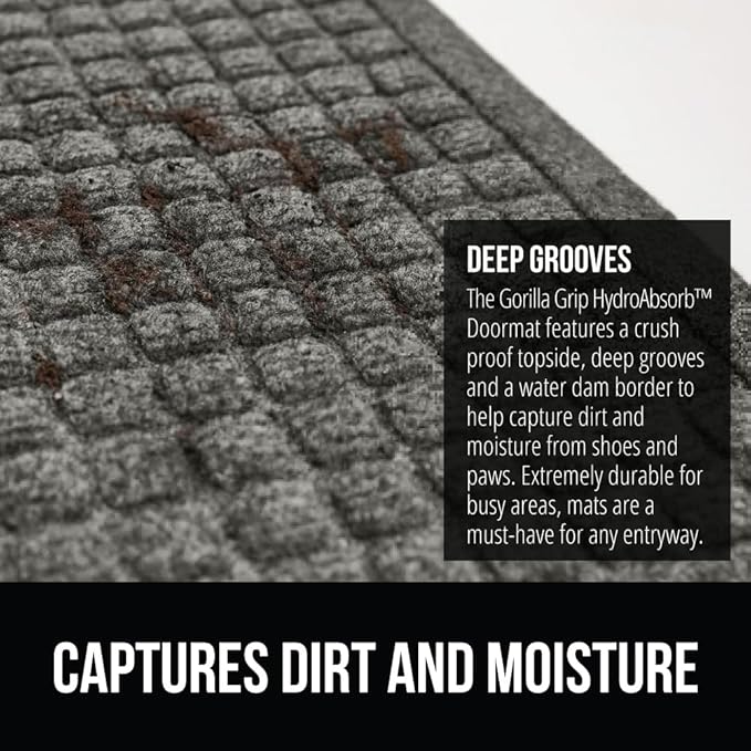 GORILLA GRIP® Ultra Absorbent Front Door Mat Outside Entrance, Traps Dirt and Moisture, HydroABSORB Indoor Outdoor Doormat Holds Up to 1.7 Cups Water, Stain and Fade Resistant Welcome Mat, 29x17, Grey
