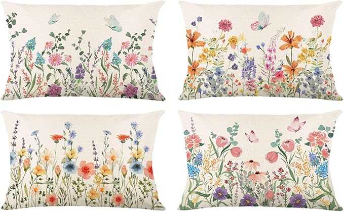 ONFAON Spring Summer Pillow Covers 20x12 Set of 4,Seasonal Holiday Farmhouse Decor Flower Cushion Case for Couch Sofa Living Room Bedroom Home Indoor Decor