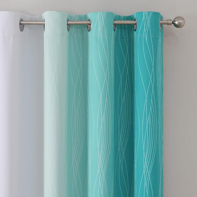Estelar Textiler Teal and Greyish White Blackout Curtains 63 Inches Long, Room Darkening Grommet Curtains for Bedroom, Thermal Insulated Ombre Blackout Drapes for Living Room, 52Wx63L, 2 Panels