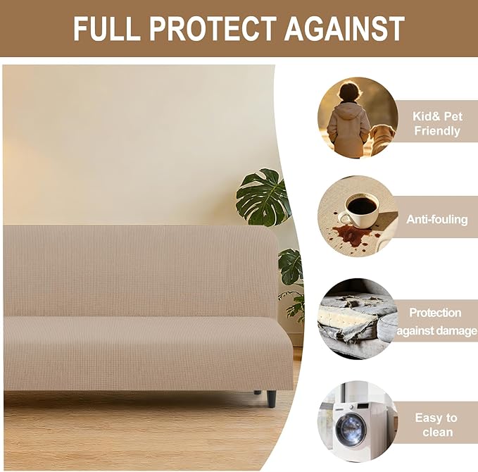 U-NICE HOME Stretch Futon Cover Armless Bed Slipcover - Soft Jacquard Fabric Washable for Pet Friendly, Camel