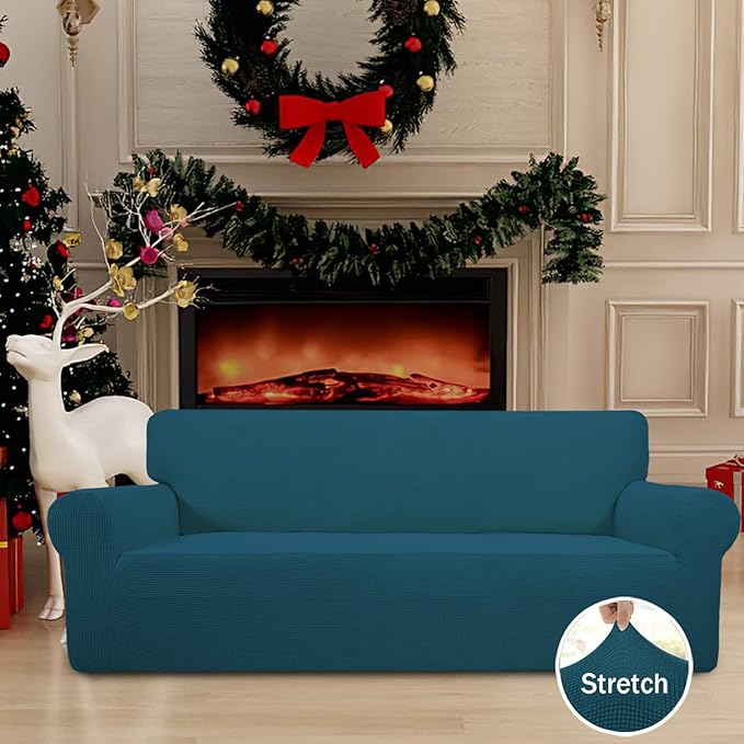 Easy-Going Stretch Oversized Sofa Slipcover 1-Piece Sofa Cover Furniture Protector Couch Soft with Elastic Bottom for Kids, Polyester Spandex Jacquard Fabric Small Checks Peacock Blue