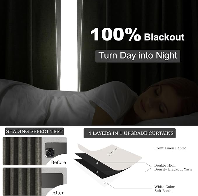 Topfinel 105 Inch Long Linen Blackout Curtains for Bedroom 2 Panels Set Modern Natural Linen Back Tab Pleated Floor to Ceiling Thermal Drapes Hooks Rings 105 in Window Drapes 100% Black Out Dark Gray