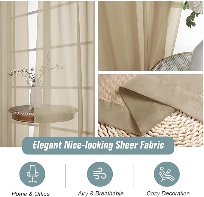 Taupe Sheer Curtains for Window 96 Inches Long 2 Panels Set, Soft Airy Light Filtering Voile Sheer Curtains for Living Room Bedroom, Dual Rod Pocket Elegant Window Drapes, 2x42Wx96L Inches