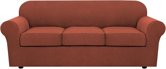 H.VERSAILTEX 4 Piece Stretch Sofa Covers for 3 Cushion Couch Covers for Living Room Furniture Slipcovers (Base Cover Plus 3 Seat Cushion Covers) Upgraded Thicker Jacquard Fabric (Sofa, Rust)