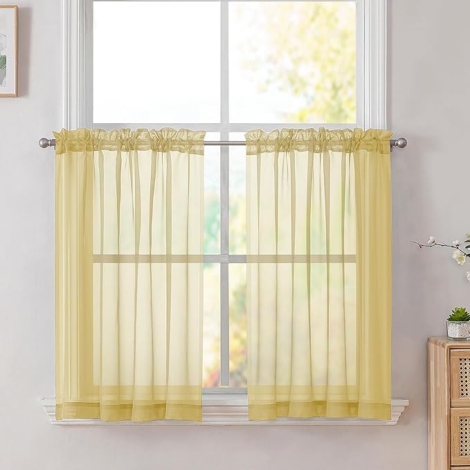 Simplebrand Yellow Short Sheer Kitchen Cafe Curtains 36 x 42 Inch, 2 Panels - Tier Curtains Rod Pocket Drapes for Bathroom, Small Windows