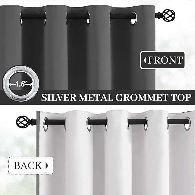 Yakamok Room Darkening 100% Blackout Curtains Grommet Window Treatments with 2 Thick Layers-Charcoal Grey Thermal Insulated Drapes Set of 2 Panels for Bedroom Living Room 52 Inches by 96 Inches Length