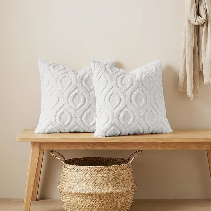 decorUhome Throw Pillow Covers 26x26 Inch Set of 2, Soft Plush Faux Wool White Solid Couch Pillow Covers, Accent Euro Sham Farmhouse Neutral Square Pillow Cases for Sofa Bed Living Room