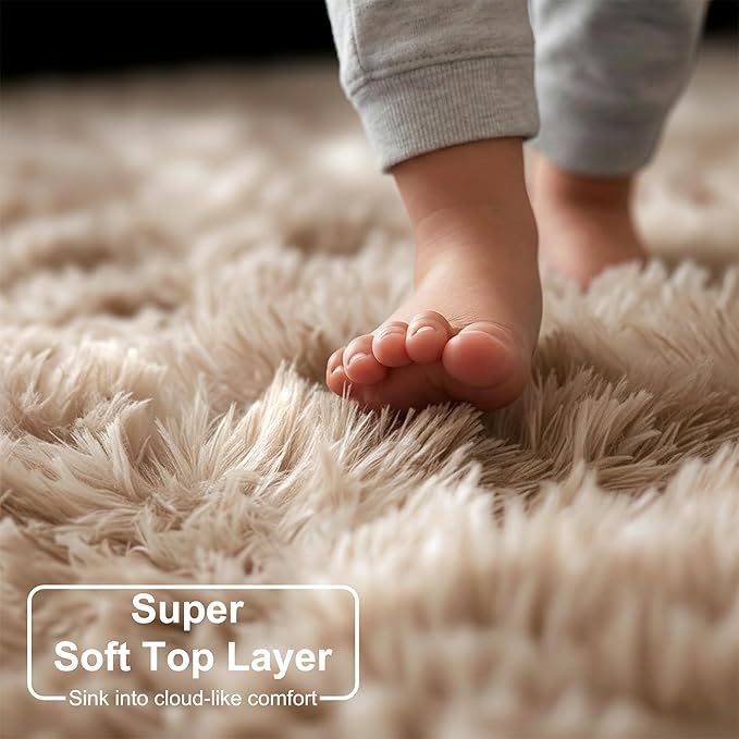 Amdrebio Tie-Dyed Beige Tan Round Circle Area Rug 5Ft for Bedroom, Fluffy Plush Shag Furry Rugs for Kids Room, Living Room Decor Aesthetic, Cute Fuzzy Neutral Carpet for Baby Nursery Playroom Dorm