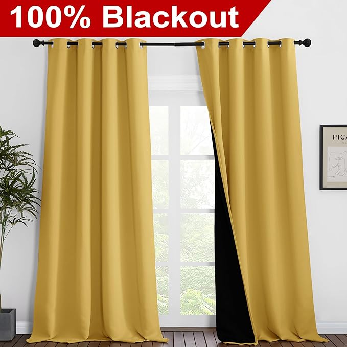 NICETOWN Full Shading Curtains 90 inches Long 2 Panels Set for Windows, Super Heavy-Duty Black Lined Blackout Curtains for Bedroom, Privacy Assured Window Treatment (Bright Yellow, Pack of 2, 52" W)