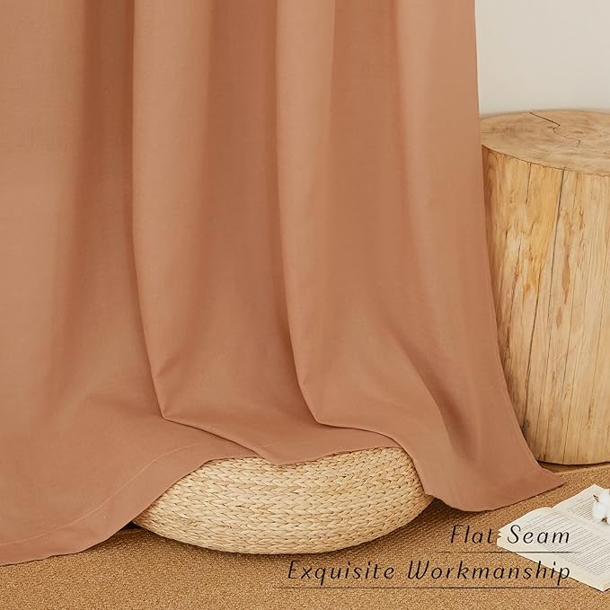 NICETOWN Thick Linen Burnt Orange Curtains 63 inches Long, Grommet Linen Weave Semi Sheer Window Treatment Privacy Added with Light Filtering Drapes for Bedroom, 2 Panels, W55 x L63