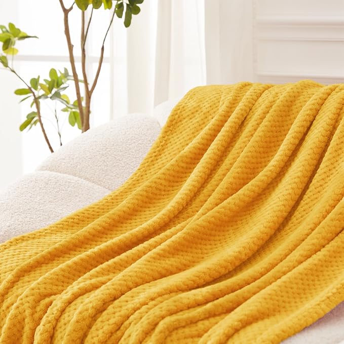 Exclusivo Mezcla Fleece Throw Blanket Extra Large, Super Soft and Warm Blankets for Couch, Sofa and Bed Waffle Textured, Cozy, Fuzzy and Lightweight (Mustard Yellow, 50x70 Inches)