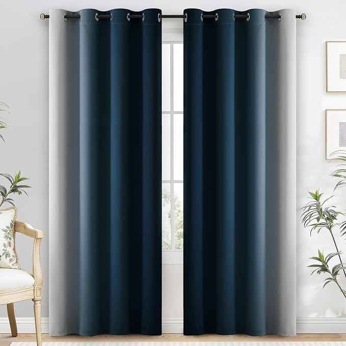 Yakamok 100% Blackout Curtains 84 Inch Length 2 Layers,Navy Blue Curtains for Bedroom Ombre Room Darkening Grommet Gradient Drapes, Light Blocking Thermal Insulated Window Curtains for Living Room