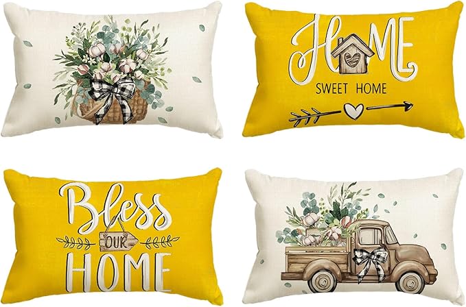 AVOIN colorlife Bless Our Home Farmhouse Eucalyptus Leaves Throw Pillow Covers, 12 x 20 Inch Yellow Truck Home Sweet Cushion Case Decorations Set of 4