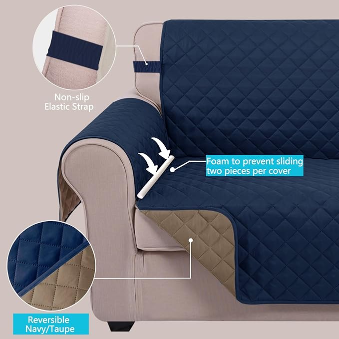 U-NICE HOME Reversible Oversized Chair Covers Quilted Water Repellent Pet Protectors with Elastic Straps (28''Armchair, Navy/Taupe)