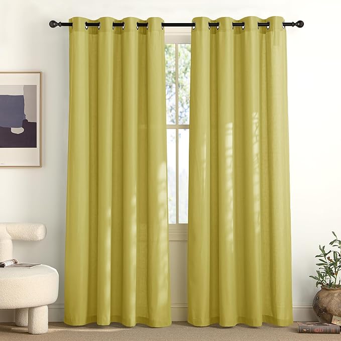 NICETOWN Bright Yellow Linen Curtains for Kitchen, Thick Flax Small Window Treatments Semi Sheer Privacy Assured with Light Through for Cafe/Bathroom, W55 x L84, 2 Panels