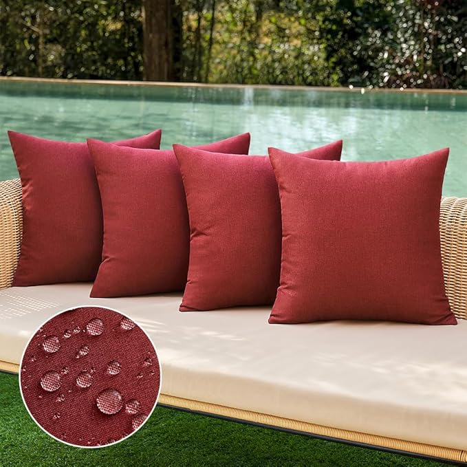 MIULEE Pack of 4 Decorative Solid Waterproof Throw Pillow Covers Linen Garden Farmhouse Cushion Cases for Outdoor Patio Tent Balcony Couch Sofa 16x16 inch Burgundy