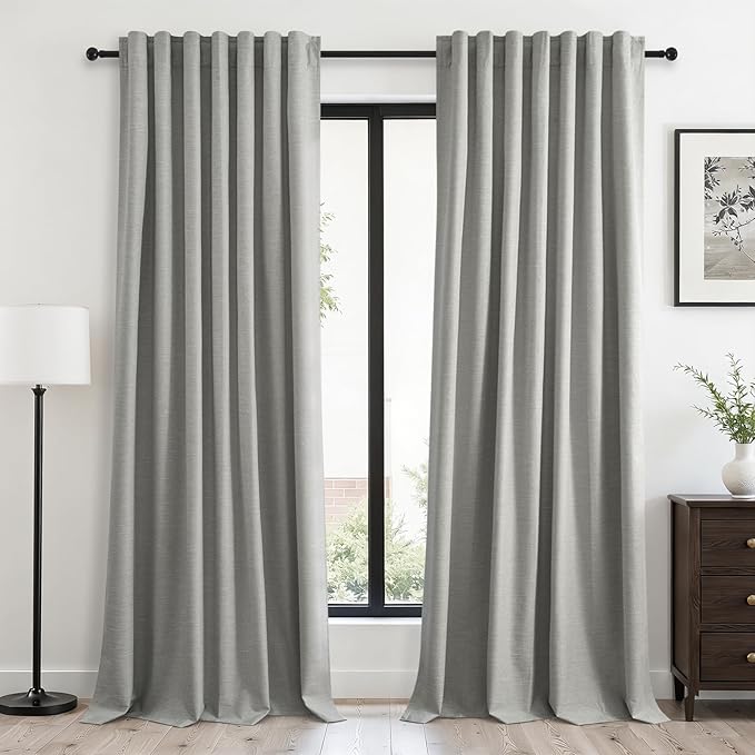 Topfinel 102 Inches Long Linen Blackout Curtains for Bedroom Living Room 100% Black Out Thermal Insulated Ring Hooks Room Darkening Drapes Dark Grey Curtain with Back Tab Rod Pocket 52x102 2 Panels