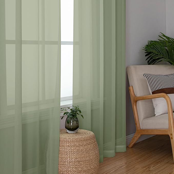 Chyhomenyc Sage Green Sheer Curtains 45 Inch Long 2 Panels, Short Voile Rod Pocket Drapes for Dinning Small Windows Bathroom Living Room Bedroom, 42Wx45L Inches