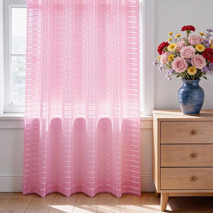SpaceDresser Check Sheer Curtains 45 Inches 2 Panels Set, Rod Pocket Plaid Window Curtain for Living Room, Pink Semi Sheer Drapes for Kitchen Bedroom Children Room Yard（Pink, 52W x 45L）