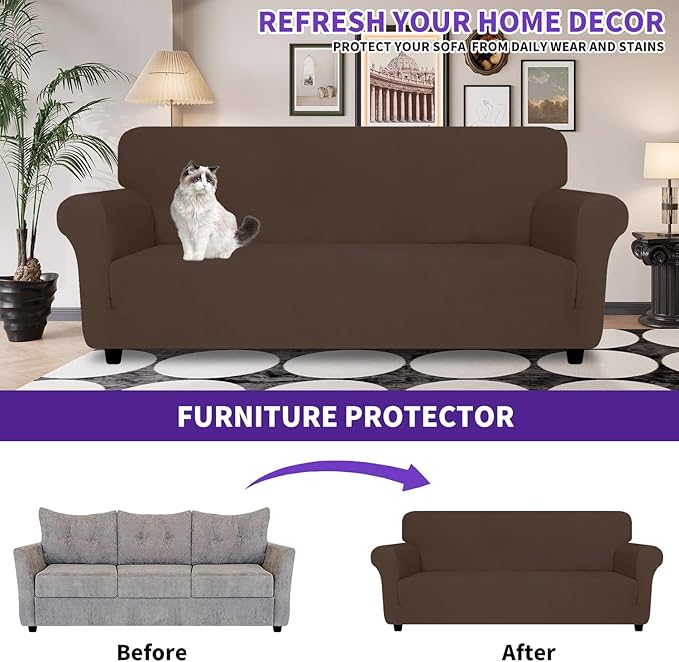 ZNSAYOTX Super Stretch Loveseat Covers (57"-70"), New Striped Love Seat Slipcover, Dogs Pet Friendly Anti-Slip Couch Protector Spandex Durable 2 Seater Fabric Sofa Cover (Coffee, Loveseat)