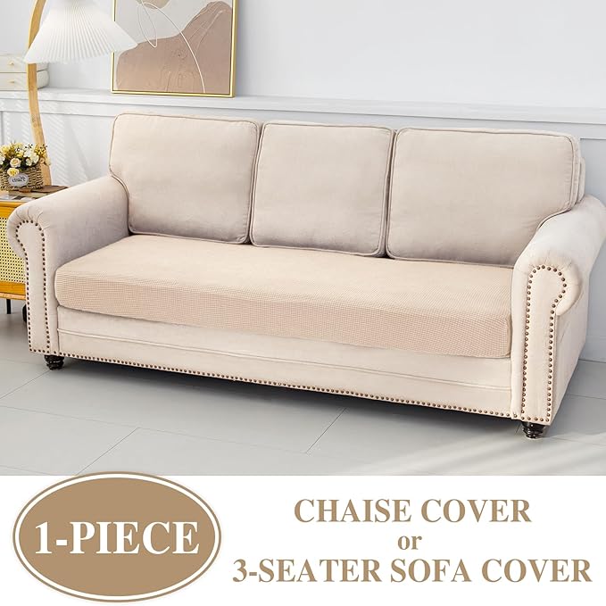 Couch Cushion Cover Chaise Lounge Cover Washable Separate Seat Chaise Couch Cover Stretch Sectional Sofa Slipcover(1 Piece for Chaise or Sofa 3-Seater, Natural)