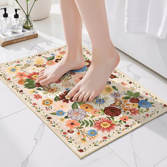 Area Rugs 24x17 Inch Home Decor Entry Rug, Small Door Mat Bath Mats for Bathroom, Ultra-Thin Non Slip Floral Rug Low Pile Tub Mat for Sink Shower Doorway Tub Kitchen Sink(2 x 1.4 ft, Beige)