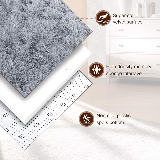 TWINNIS Super Soft Shaggy Rugs Fluffy Carpets, 8x10 Feet, Indoor Modern Plush Area Rugs for Living Room Bedroom Kids Room Nursery Home Decor, Upgrade Anti-Skid Rectangular Fuzzy Rug, Grey