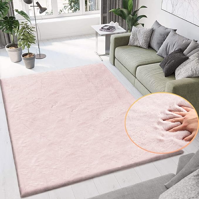 ORINOVA Pink Washable Fluffy 5x8 Area Rugs for Bedroom Plush Faux Rabbit Shag Fur Rug for Living Room Nursery Rug