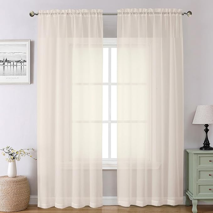 Chyhomenyc Cream Sheer Curtains 96 Inches Long - Light Filtering Solid Voile Window Panel Drapes for Bedroom, Elegant Soft Breathable Living Room Sheer Curtains, Each 42Wx96L Inch, 2 Panels
