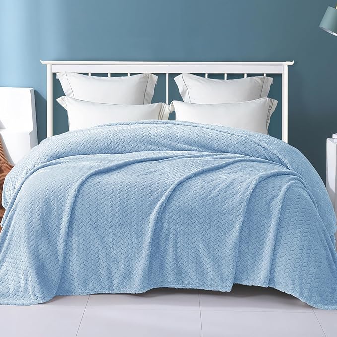 Exclusivo Mezcla Fleece Queen Size Blanket for Bed, 90x90 Inches Soft Cozy Jacquard Flannel Blankets, Lightweight Fuzzy Plush Warm for Women, Light Blue