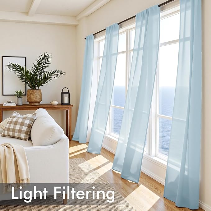 MIULEE Sky Blue Sheer Curtains 108 Inches Long, 4 Panels Set, Light Filtering Rod Pocket Voile Drapes for Living Room and Bedroom, Airy Soft Fabric Window Treatments, 42 x 108 Inches