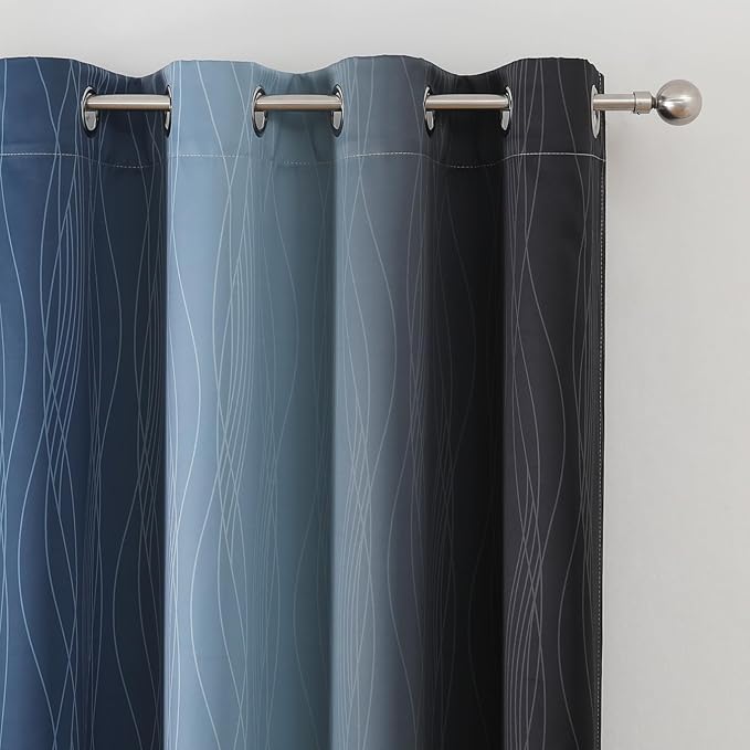 Estelar Textiler Navy Blue and Black Ombre Blackout Curtains 54 Inch Length, Full Light Blocking Gradient Grommet Drapes for Kitchen, Thermal Insulated Curtains for Bedroom, 52Wx54L, 2 Panels