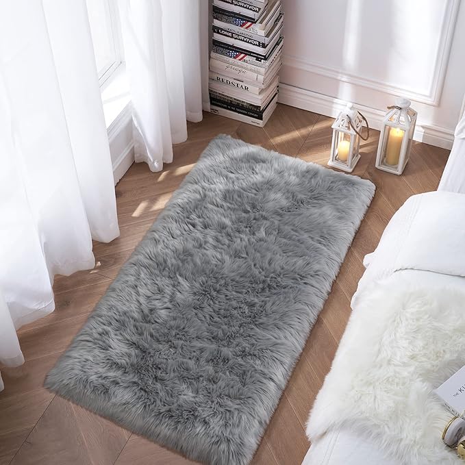Faux Fur Rug, Grey Small Fluffy Rug for Sofa Chair Couch Cover 2x4 Feet, Gray Soft Fuzzy Shag Rug for Bedroom, Indoor Shaggy Plush Floor Carpets Luxury Home Decor for Bedside