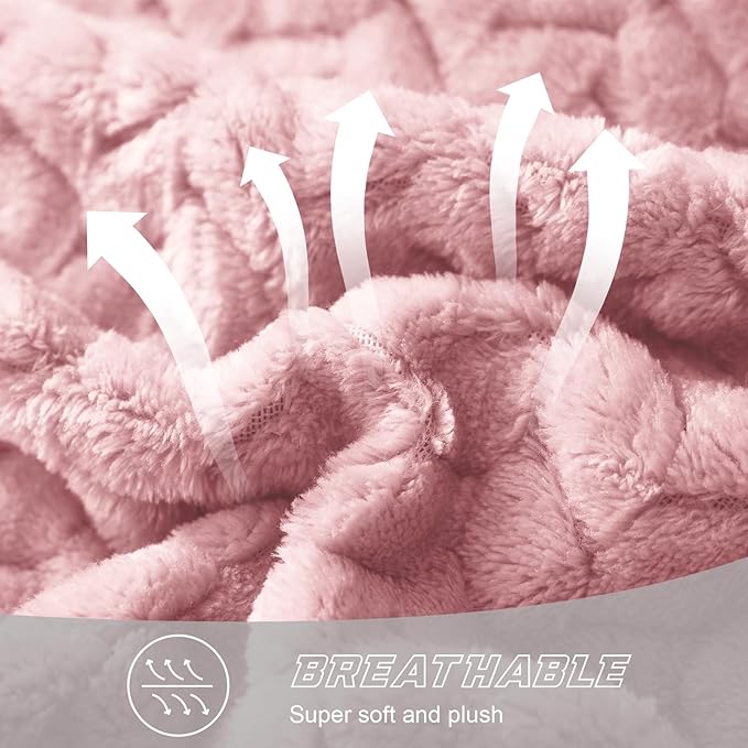 Exclusivo Mezcla Fleece Queen Size Blanket for Bed, 90x90 Inches Soft Cozy Jacquard Flannel Blankets, Lightweight Fuzzy Plush Warm for Women, Pink