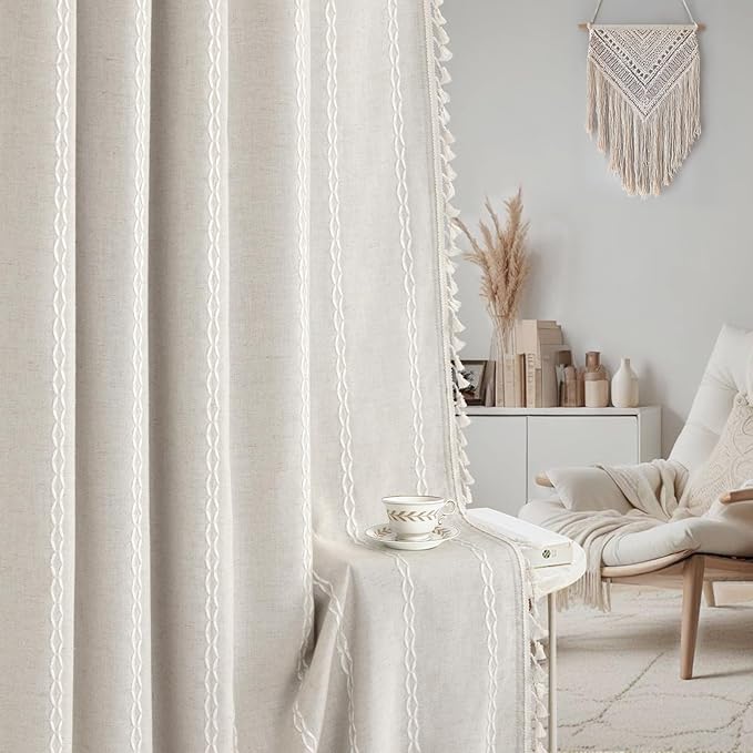 Boho 80% Blackout Curtains with Gray Liner 84 Inches Long 2 Panels Set, Beige Linen Blend Drapes with Tassels and Cotton Embroidered for Living Room Bedroom