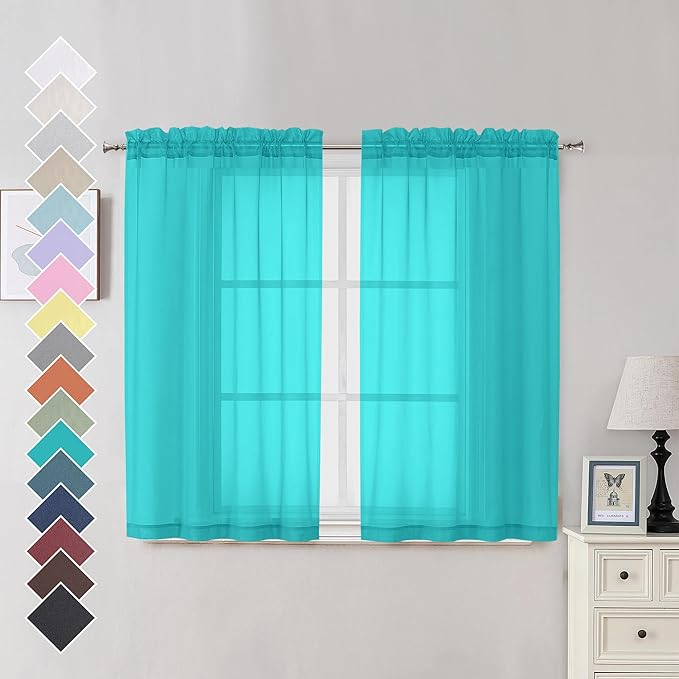 OVZME Turquoise Sheer Curtains 45 Inches Long 2 Panels, Light Filtering Sheer Curtains for Bedroom, Elegant Airy Draperies for Living Room Nursery Room, Dual Rod Pocket, Each 42Wx 45L
