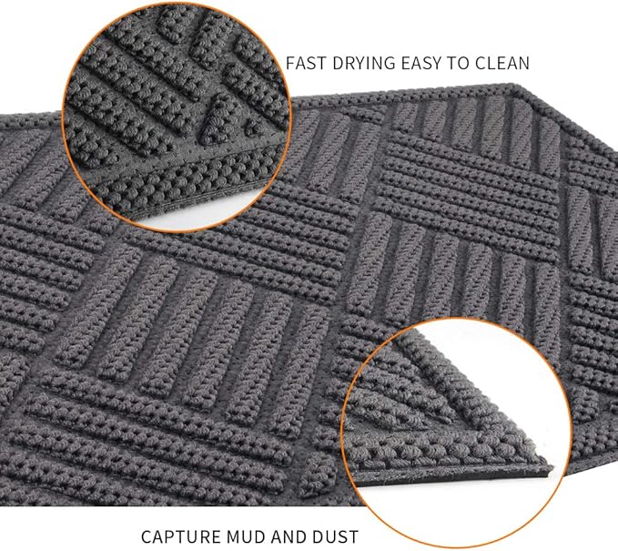 Mibao Front Door Mat, Dirt Trapper Welcome Mat for Outdoor Indoor, Non-Slip Waterproof Doormat, Durable Machine Washable Low Profile Entry Rug for Back Door Outside Patio, 61.5" x 36", Gray Grid