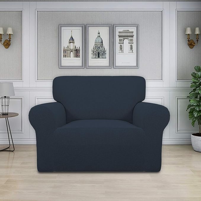 Easy-Going Stretch Oversized Chair Sofa Slipcover 1-Piece Couch Sofa Cover Furniture Protector Soft with Elastic Bottom for Kids Spandex Jacquard Fabric Small Checks Dark Blue