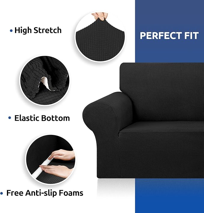KEKUOU Stretch Single Sofa Slipcover 1 Piece Couch Sofa Cover (31"-55") Furniture Protector 1 Seater Sofa with Elastic Bottom for Kids,Pet.Jacquard Small Checked Pattern Fabric(Small,Black)