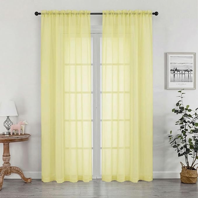 OWENIE Sheer Curtains 84 inches Long 2 Panels Set for Living Room/Bedroom, Rod Pocket Voile Sheer Panel Drapes, Airy Soft Fabric Window Treatments, 2pcs, Each 42" W x 84" L, Light Yellow
