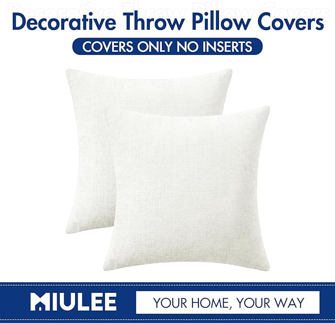 MIULEE Pack of 2 Couch Throw Pillow Covers 20x20 Inch Soft White Chenille Pillow Covers for Sofa Living Room Solid Dyed Pillow Cases