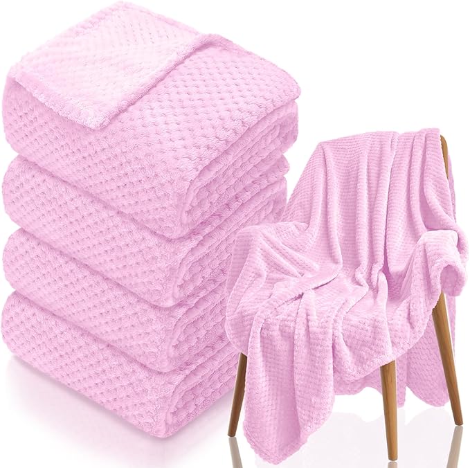 4 Pack Fleece Throw Blankets 50x60 Inches - Oeko-Tex Certified 100, 270 GSM Ultra Soft Plush for Bed, Couch and Cozy Gifts. 3D Waffle Texture, No Shedding No Pilling All Season (Pink)